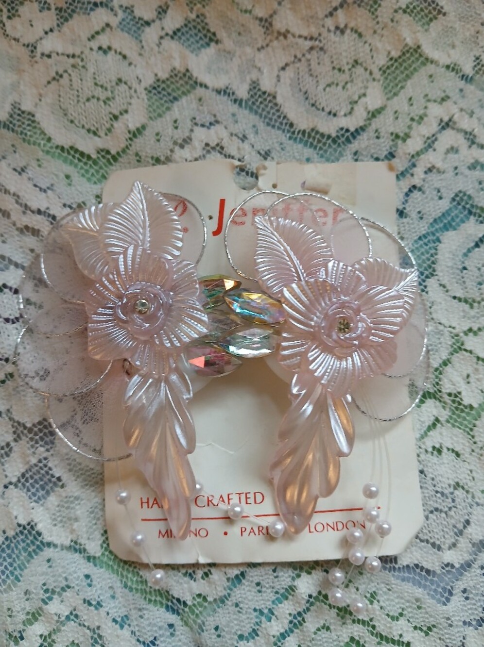 Vintage Handcrafted Pink Floral Drop Pierced  Earrings Dainty New Old Stock